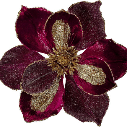 10’’ Large Heads Christmas Glitter Magnolia Flowers Christmas Tree Ornaments Set of 3 Artificial Flowers with Picks Stems for Xmas Tree Holiday Decorations, Burgundy