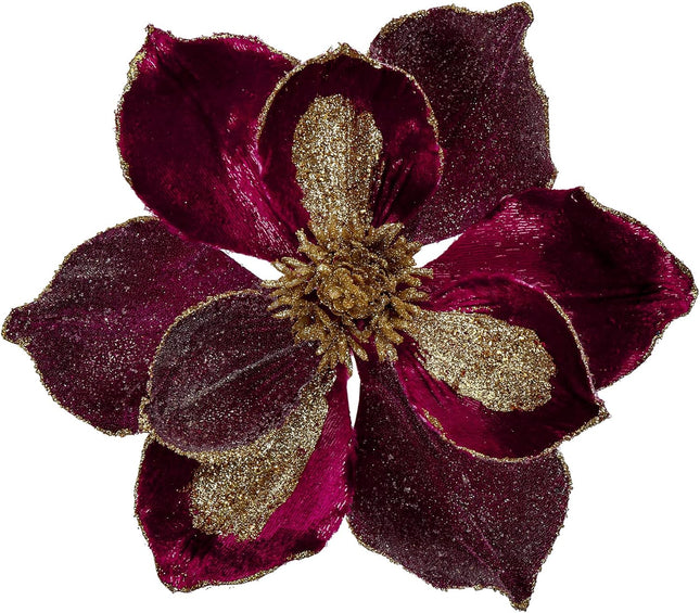 10’’ Large Heads Christmas Glitter Magnolia Flowers Christmas Tree Ornaments Set of 3 Artificial Flowers with Picks Stems for Xmas Tree Holiday Decorations, Burgundy