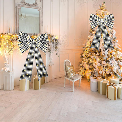 Liliful 2 Pcs 18 x 32 in LED Christmas Wreath Bows Extra Large Bows 72 LED Lights Wreath Huge Bow Door Wall Xmas Tree Top Decor for Indoor Outdoor Winter Xmas Party(Black White Buffalo Plaid)