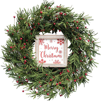 Christmas Wreath for Front Door, 20" Berries Green Wreath with Merry Christmas Sign, Winter Decorations for Christmas Farmhouse Harvest Home Indoor