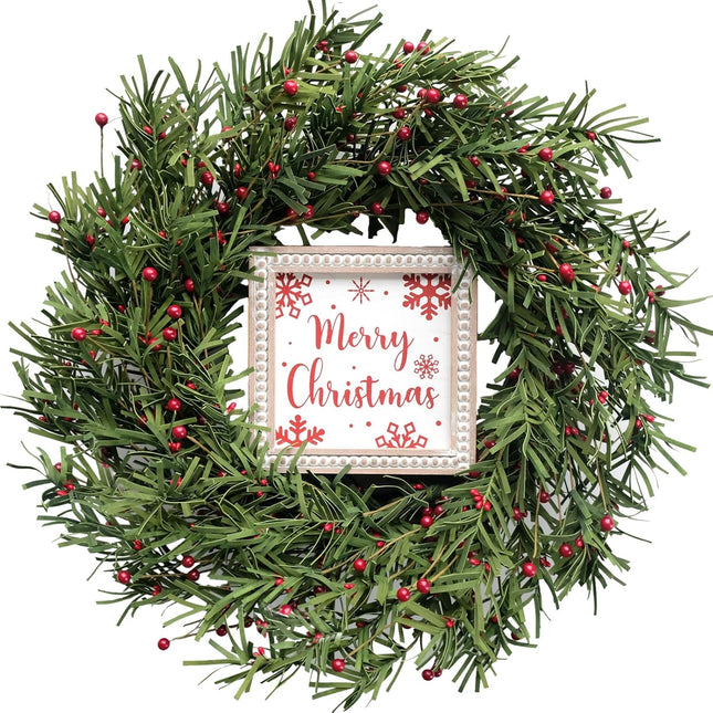 Christmas Wreath for Front Door, 20" Berries Green Wreath with Merry Christmas Sign, Winter Decorations for Christmas Farmhouse Harvest Home Indoor
