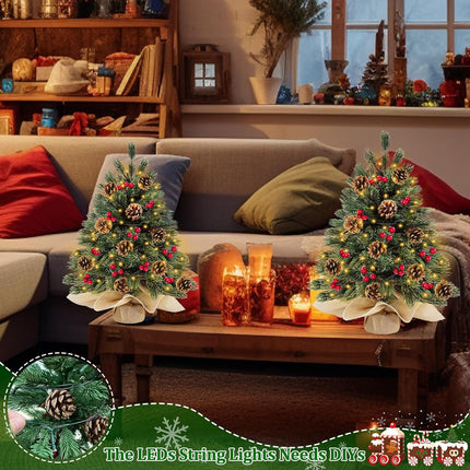 2 Pack 24''/2FT Realistic-Feel PE Thick Small Artificial Christmas Tree Tabletop Decor 40 Lights Timer Battery Operated Cedar Norfolk Pine 20 Pinecones 60 Red Berry Mini Xmas Tree Indoor Table Home