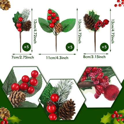 60 Pcs Christmas Artificial Green Pine Needles, Christmas Floral Picks Artificial Holly Red Berry Twig Stem Pine Snowy Cone Branches Garland Bulk for Xmas Tree Craft Holiday Winter (Charming Style)