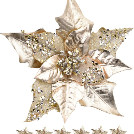 6pcs Artificial Christmas Poinsettias for Decoration, Glitter Flower Christmas Tree Ornaments Wedding Holiday Wreath Garland Decor with Clip(Champagne Gold)