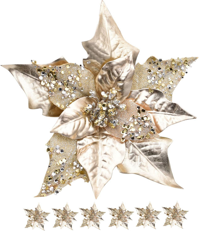 6pcs Artificial Christmas Poinsettias for Decoration, Glitter Flower Christmas Tree Ornaments Wedding Holiday Wreath Garland Decor with Clip(Champagne Gold)