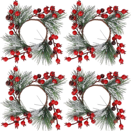 Christmas Candle Rings - Christmas Candle Wreath Garland for 3" Dia Pillar Candles with Artificial Red Berries, Xmas Wreath Candle Holder for Christmas Wedding Holiday Table Centerpiece Party Decor