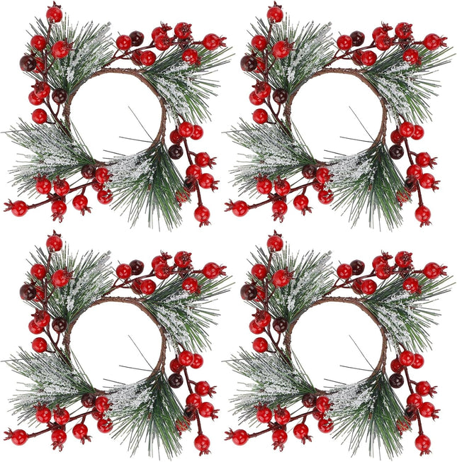 Christmas Candle Rings - Christmas Candle Wreath Garland for 3" Dia Pillar Candles with Artificial Red Berries, Xmas Wreath Candle Holder for Christmas Wedding Holiday Table Centerpiece Party Decor