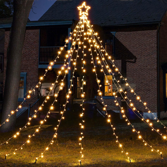 Yescom 12FT Warm White LED Waterfall Cone Tree Light with Star Finial 9 Strings 362 LED Star Lights Christmas Decoration Outdoor Party Yard