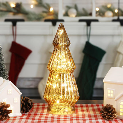 Christmas Decorations-Light Up Gold Mercury Glass Christmas Tree-Tabletop Christmas Tree with LED Light for Home Kitchen Table Mantle Shelf Party Centerpiece