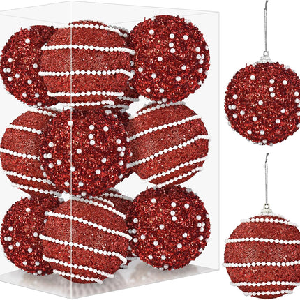 Christmas Balls Decoration - Glitter with Flower Textural Shatterproof Christmas Balls, 12 Pieces Plastic Hanging Balls for Christmas, Holiday, Parties, and Wreath (Red)