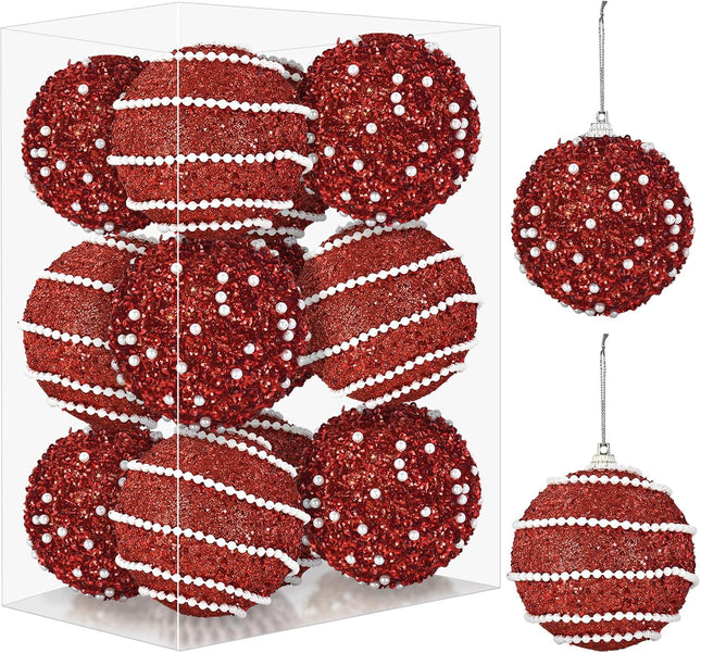 Christmas Balls Decoration - Glitter with Flower Textural Shatterproof Christmas Balls, 12 Pieces Plastic Hanging Balls for Christmas, Holiday, Parties, and Wreath (Red)
