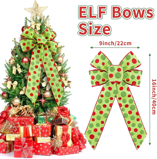Leyndo 12 Pcs Large Christmas Bow for Wreaths 9'' x 16'' Green Glitter Dot Bows Christmas Tree Bows Xmas Bows Decoration Hanging Ornament for Indoor Outdoor Front Garland Decor(Green)