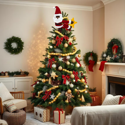 OurWarm Black Santa Christmas Tree Topper Star Lighted, Plush Xmas Tree Toppers Christmas Decorations Indoor, Christmas Tree Star Topper with Lights for Wine Bottle Curtain Christmas Tree Decor