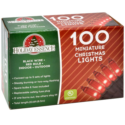 Holiday Essence Red Christmas String Lights Set, 100 Incandescent Halloween Lights 20.6 Feet Extra Long Black Wire for Indoor Outdoor Decorative Use, Holiday Decor Bright Lighting Tree Decorations
