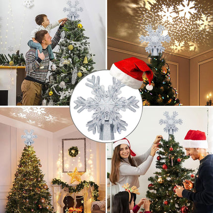 Christmas Tree Topper, 3D Rotating Silver Snowflake Pattern Projector for Xmas Tree Topper, Hollow Design Christmas Decorations, Christmas Decor