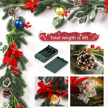 Christmas Garland with Lights, Rodelna Forest Pine Garland with Holly Flocked Pinecones Poinsettias, Pre-lit 6 Feet LED Snowflake Battery Operated for Fireplaces, Chandeliers, Wall, Stairs Railing