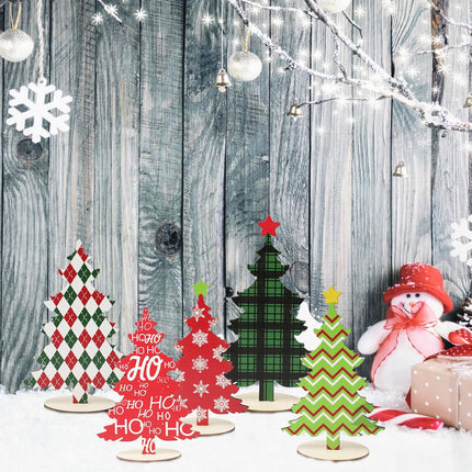 10 Pack Wooden Christmas Tree Tabletop Decorations, 7 Inch 6 Inch Red and Green Plaid Xmas Tree Table Centerpieces Farmhouse Rustic Christmas Decor for Home Shelf Tiered Tray Decor