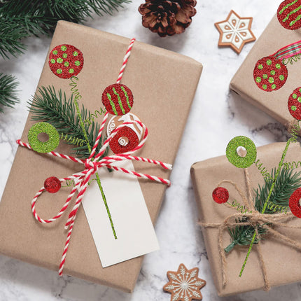 Whaline 6Pcs Christmas Tree Picks Red Green Xmas Candy Lollipop Twig Curly Foam Picks Glitter Novelty Xmas Tree Topper Ornaments for Christmas Holiday Craft Wreath Vase Filler Home Party Supplies