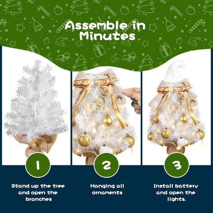 2FT White Small Christmas Tree with Lights,Gnome Tabletop Artificial Christmas Tree Desktop Xmas Tree with Ball Lights, Ornaments,Best DIY Christmas Decorations
