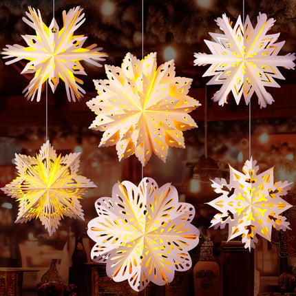 6 Set 19.69 in 3D Christmas Paper Snowflake Lantern with 8 Mode LED String Light with Remote Out Hollow Paper Snowflake Lantern Xmas Hanging Pendant Lampshade Frozen Party Hanging Decor