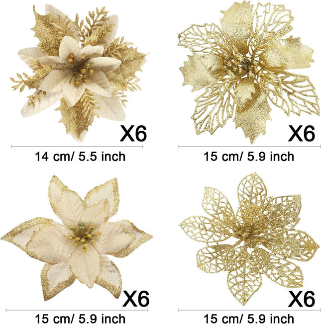 Whaline 24Pcs Christmas Poinsettia with 24Pcs Clips 4 Design Glitter Gold Artificial Flower Winter Party Supplies for Xmas Tree Ornament Wedding Birthday Wreath Decoration