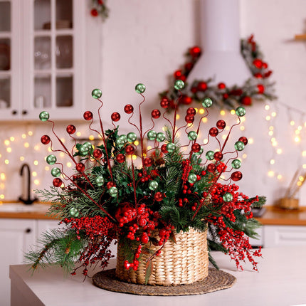 Hiboom 30 Pcs Christmas Glitter Ball Picks 14 Inch Artificial Curly Spray Ball Sticks Decorative Stem Picks for Holiday Wedding Vase Fillers Xmas Tree Topper DIY Wreath Crafts Decor (Red and Green)
