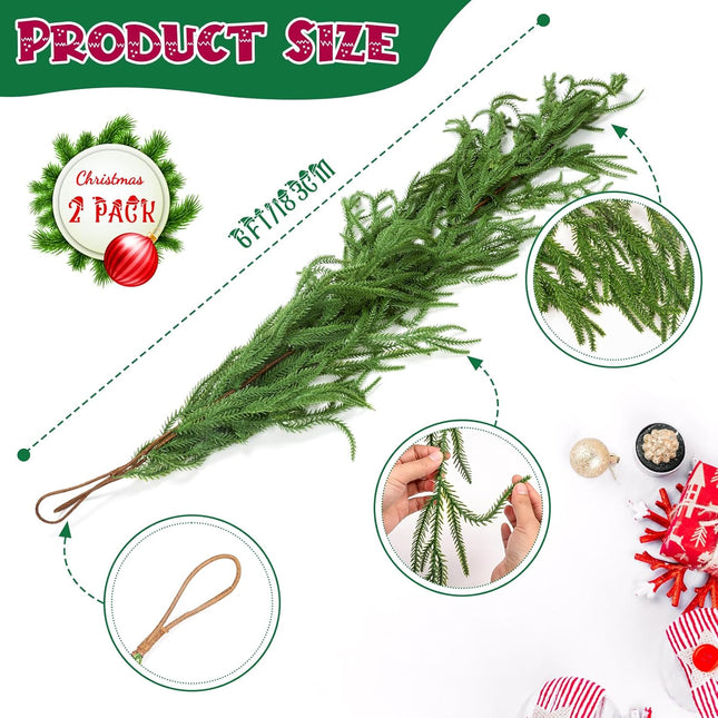 2 Pcs Christmas Norfolk Pine Garlands, 6 Ft Artificial Pine Garland Ornament, Realistic Green Artificial Greenery Garland for Table, Mantle, Wall, Indoor, Outdoor Christmas Decorations