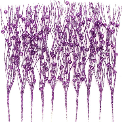10 Pcs Artificial Glitter Berry Stems for Christmas Tree Picks Curly Sprays Faux Glitter Berry Branches Christmas Tree Twigs Filler Decorations Festival Wreath Supplies Table Centerpiece (Purple, 10)