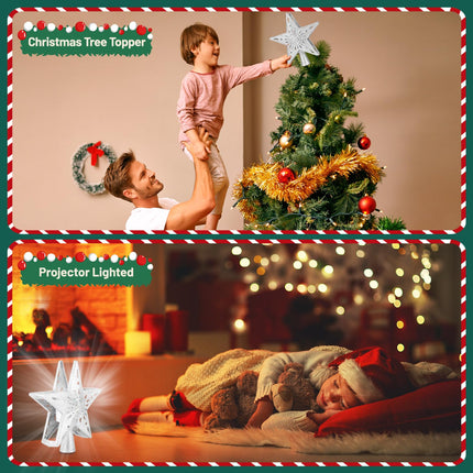 LED Rotating Tree Topper Light Projector with 6 Slides - Silver Christmas Star for Tree Decorations