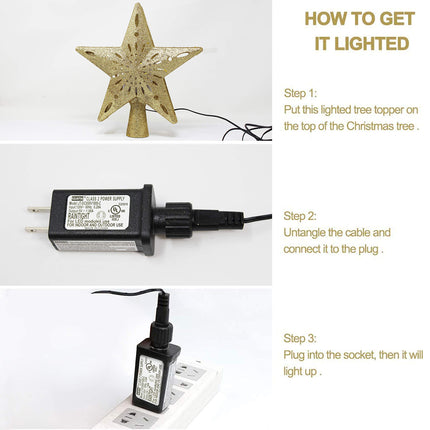 Joiedomi Christmas Tree Topper Lighted Gold Glitter Star with Adjustable Rotating Magic Star Projector Lights 3D Hollow Star for Xmas Decorations Home Party Wedding Bedroom Indoor Decor