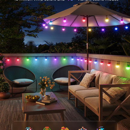 Govee Smart Outdoor String Lights 2, 144ft RGBIC Outdoor Lights with Dimmable Warm White LED Bulbs for Christmas, 47 Scene Modes for Patio, Backyard, IP65 Waterproof, Works with Alexa, App Control