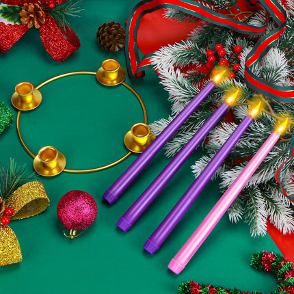 4 Pieces Christmas Flameless Advent Candle Set with Gold Metal Advent Wreath Ring Candle Holder Purple Pink Taper Flameless Candles for Christmas Advent Home Table Decorations