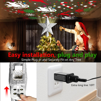 Christmas Tree Topper Lighted with 360° Rotating Projection - [6 Festive Patterns, Adjustable Projection Range] Christmas Star Tree Topper with Snowflakes Reindeer for Party Holiday Decor - Silver