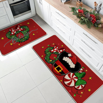 Christmas Believe Santa Mouse Red Kitchen Rugs Set of 2, Xmas Wreath Peppermint Candy Kitchen Mats Decor, Winter Holiday Floor Door Mat Home Decorations -17x29 and 17x47 Inch