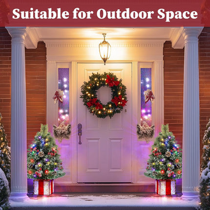 Brightever 2FT Small Christmas Tree, Prelit Mini Christmas Tree with 50 Multi-Color LED Lights, Unique Box Base, Battery Operated Little Xmas Tree for Table Top, Pinecone & Berries Included