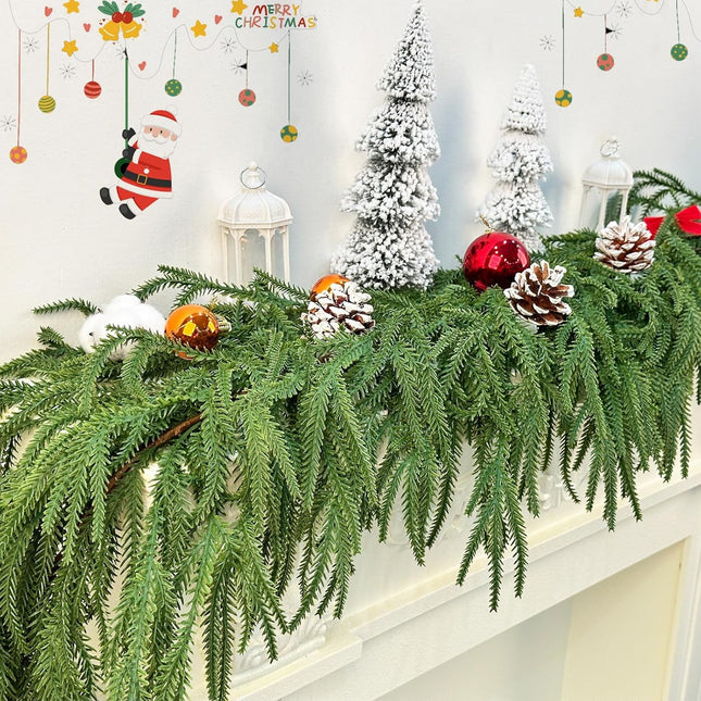 Christmas Norfolk Pine Garlands，Soft Bendable Winter Pine Garland ，Real Touch Artificial Christmas Greenery Garland for Fireplace/Mantle/Table/Window/Stairs/Indoor or Outdoor Xmas Decor（5.2FT）