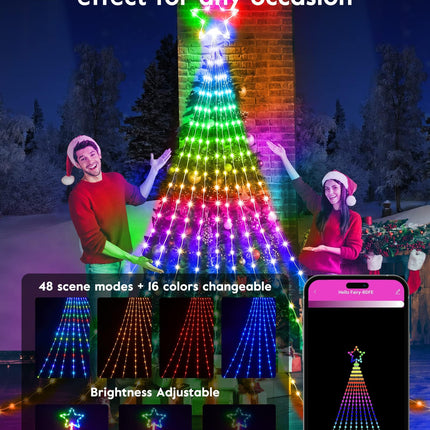 Outdoor Christmas Star String Lights, Smart RGB Waterfall Tree String Light with APP Remote Control, DIY Modes Dimmable Timer Music Sync Shooting Star Fairy Lights for Indoor Outdoor Garden Decoration