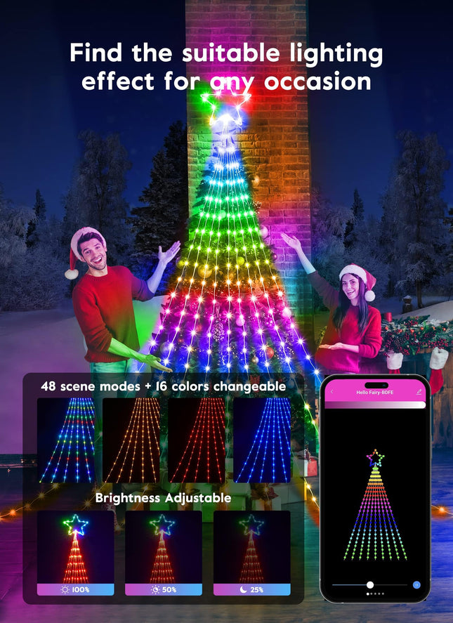 Outdoor Christmas Star String Lights, Smart RGB Waterfall Tree String Light with APP Remote Control, DIY Modes Dimmable Timer Music Sync Shooting Star Fairy Lights for Indoor Outdoor Garden Decoration