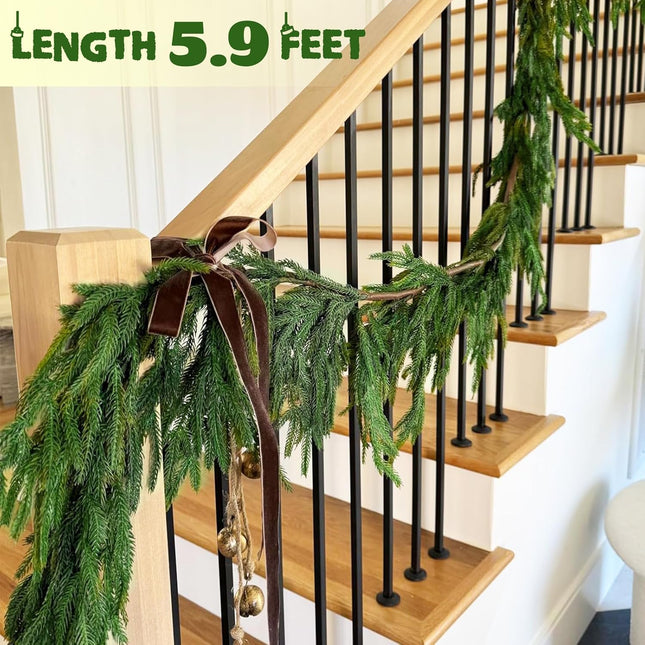 Christmas Garland Decorations - 5.9 FT Real Touch Norfolk Pine Garland, Faux Cedar Garland, Christmas Pine Garland Realistic for Mantle Table Front Door Indoor Outdoor Christmas Holiday Decor