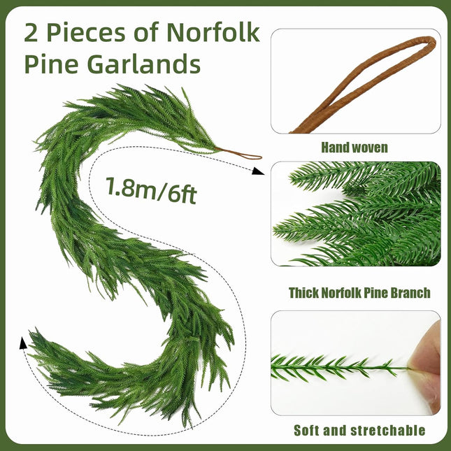 2 Pcs Christmas Norfolk Pine Garlands, 6 Ft Real Touch Cedar Garland Realistic Winter Pine Garland Green Artificial Greenery Garland for Christmas Table Mantle Wall Fireplace Indoor Outdoor Decor