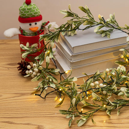 6 FT Christams Garland with Lights, Flocked Garland with Snow, 8 Lighting Modes 20 LED Lights, Battery Operated, Pineneedle, White Berries, Christmas Garland for Indoor Outdoor