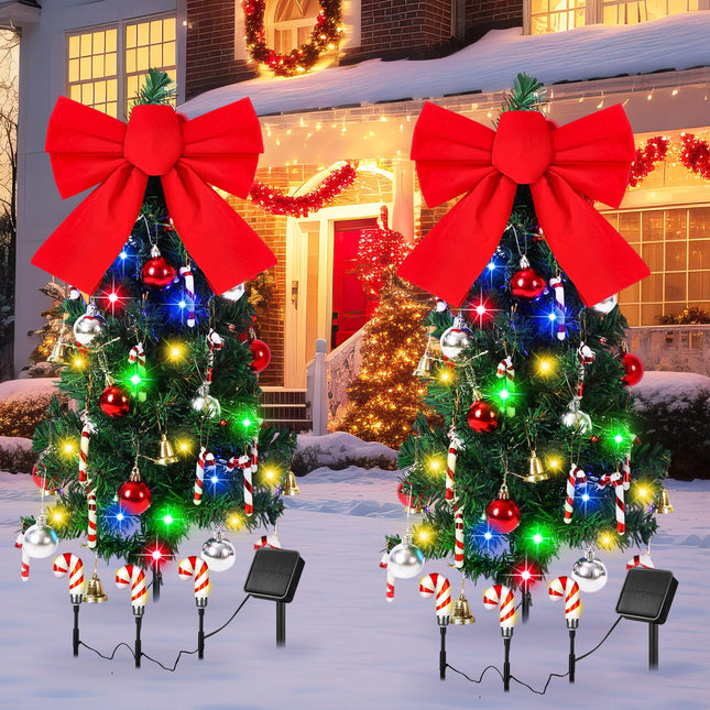 2 Pcs Solar Christmas Tree with Lights Outdoor Waterproof 31.5 Inch Solar Powered Xmas Tree Lights with 45 Leds and 8 Modes Bow Balls Bells Candy Bars Decor for Yard Garden Pathway Lawn Patio