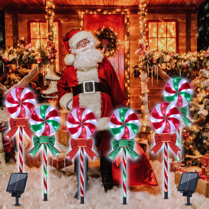6 Pack 27.5" Christmas Lollipop Pathway Lights with Bows Outdoor Green Red White Solar Lights Christmas LED Decor with 8 Lighting Modes Candy Cane Lollipops Peppermint Stake Lights