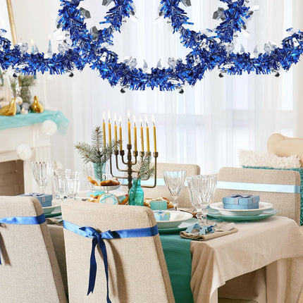 Hanukkah Tinsel Garlands, 50 Ft Hanukkah Decorations Tinsel Garland with Dreidel Silver Ornaments Blue Metallic Streamers for Home Indoor Outdoor Chanukah Party Supplies