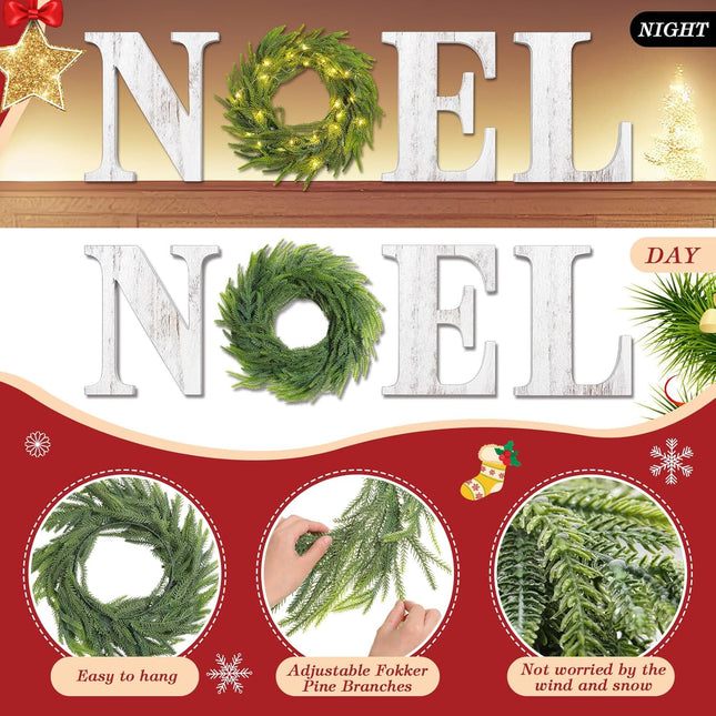 Christmas Wall Decors Wood Noel Sign with 11.8 Inch Norfolk Pine Wreath Lighted Xmas Vintage Wooden Sign for Xmas Fireplace Living Room Home Door Entryway (White)