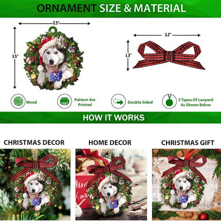 Talataca Siberian Husky Wearing Christmas Hat Wreath 2D Flat Christmas Tree Wood Ornament Decor Wooden Hanging Decoration House Present Xmas Eve Keepsake Decorative
