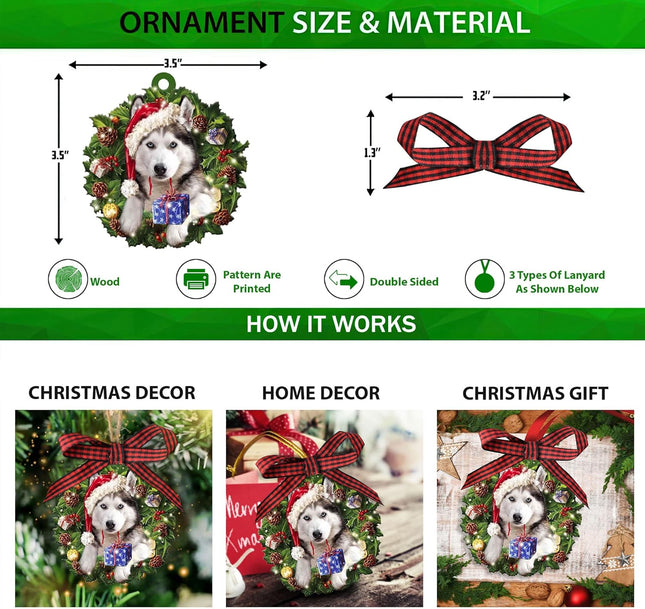 Talataca Siberian Husky Wearing Christmas Hat Wreath 2D Flat Christmas Tree Wood Ornament Decor Wooden Hanging Decoration House Present Xmas Eve Keepsake Decorative