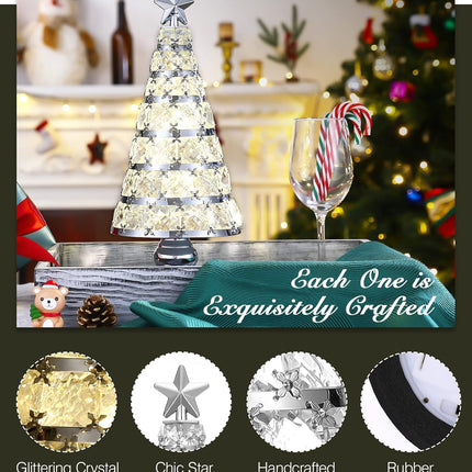 Lewondr Christmas Tree Lamp, 14 Inch Battery Powered Crystal Treetop Lighted Christmas Tree Decorative Light LED Lamp, Handmade Glass Tabletop Christmas Tree Ornament for Home Party , Silver