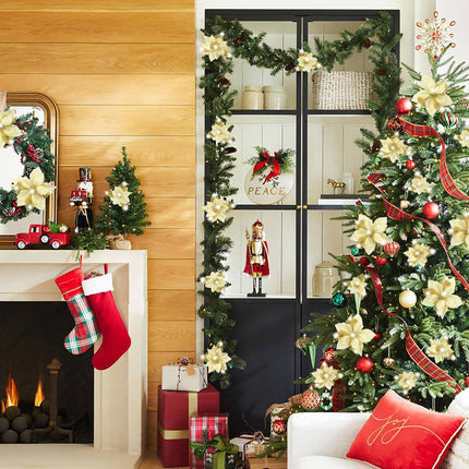 Geefuun 28PCS Christmas Tree Decorations: Poinsettias Artificial Flowers Ornaments Xmas Gold Glitter Flower with Clips