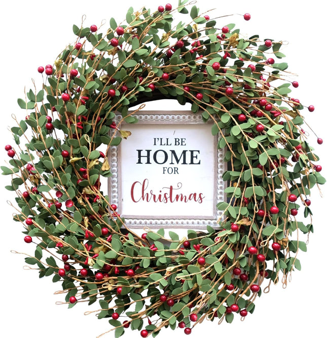 TEMPUS 20“ Christmas Wreath Artificial Berries Greens Wreath with Celebrate Christmas Sign Wreath for Front Door Wreath Home Farmhouse Holiday Party Festival Wall Decor (Red)